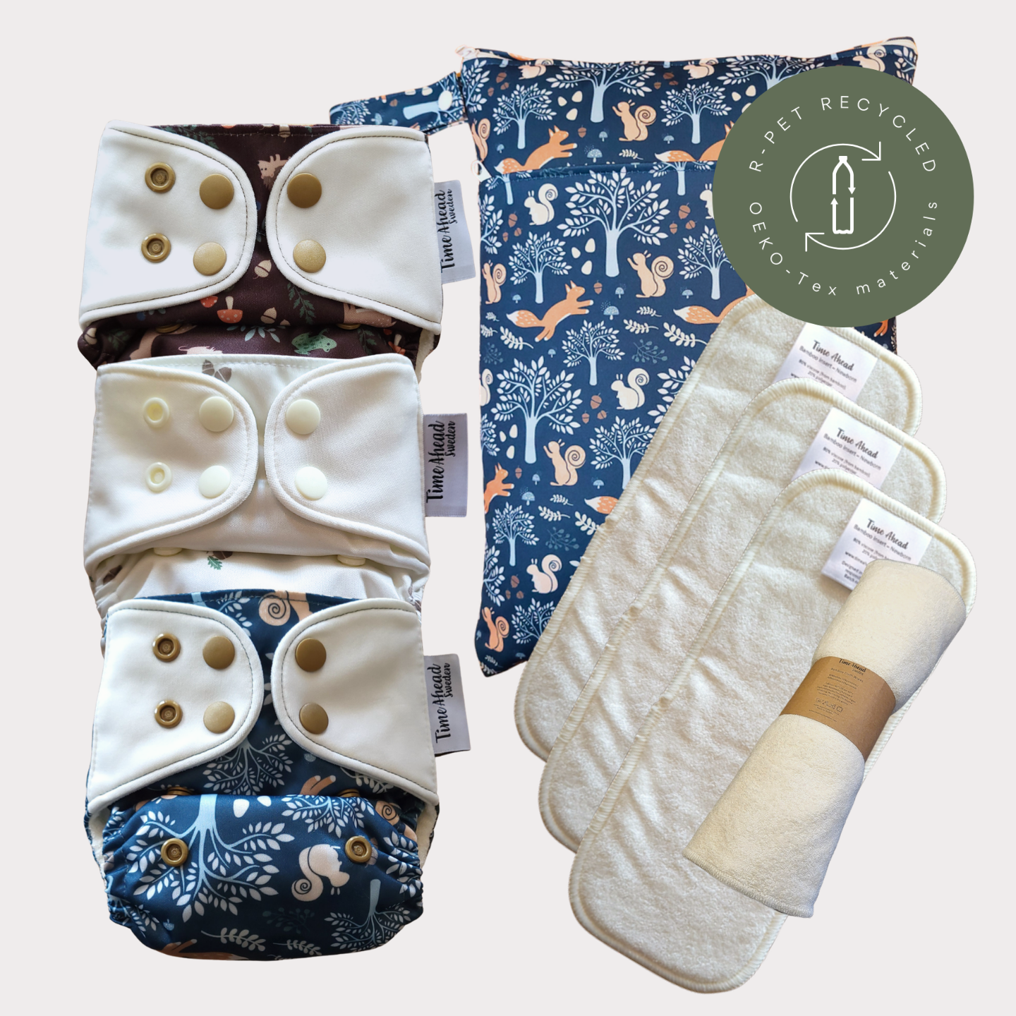 Startpaket Nyfödd med tillbehör – Skogsvrå, Ekollon och Dalaräv med wetbag Dalaräv