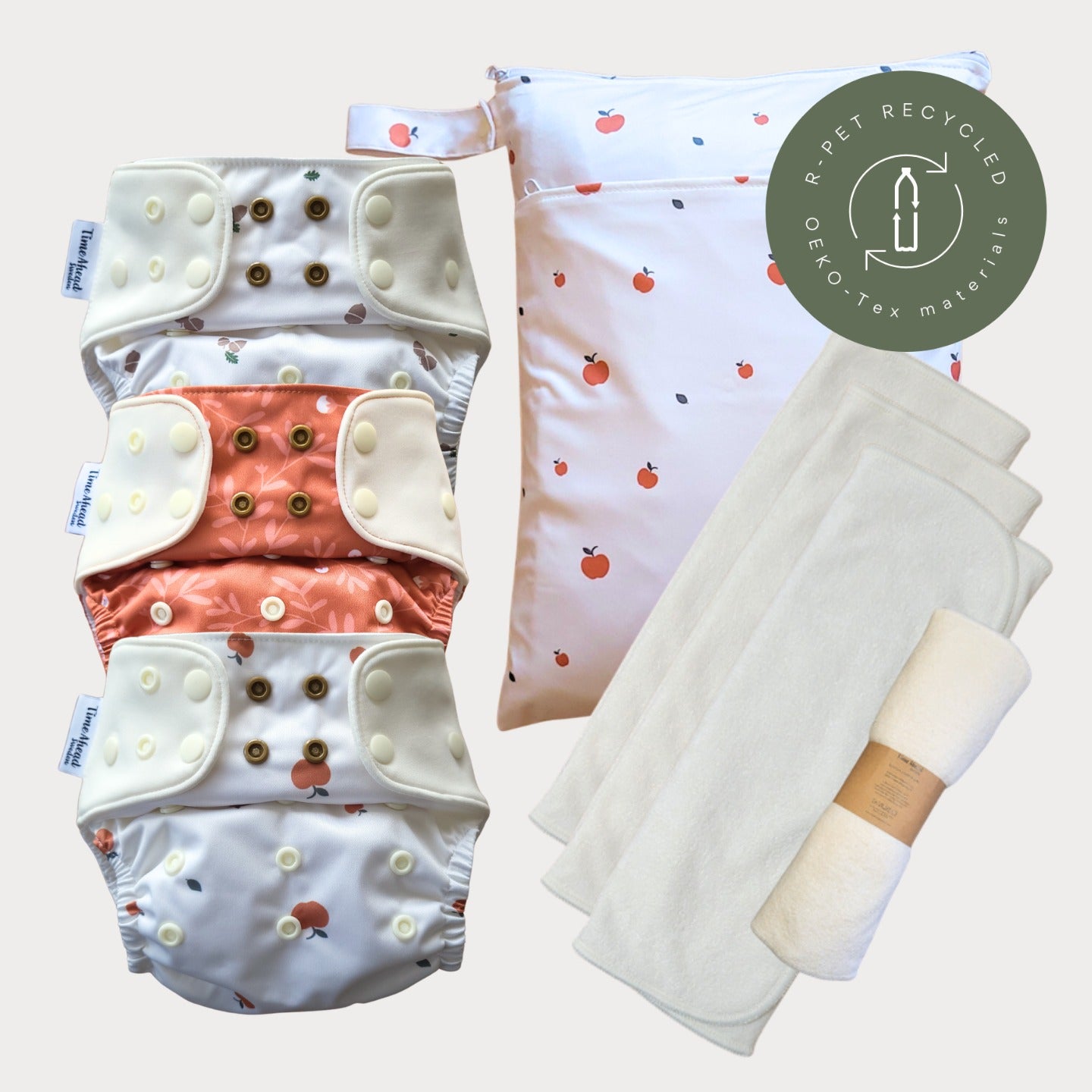 Startpaket Komfort Pocketblöja med tillbehör – Ekollon, Humleblomster koppar och Äpple med wetbag Äpple