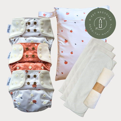 Startpaket Komfort Pocketblöja med tillbehör – Ekollon, Humleblomster koppar och Äpple med wetbag Äpple