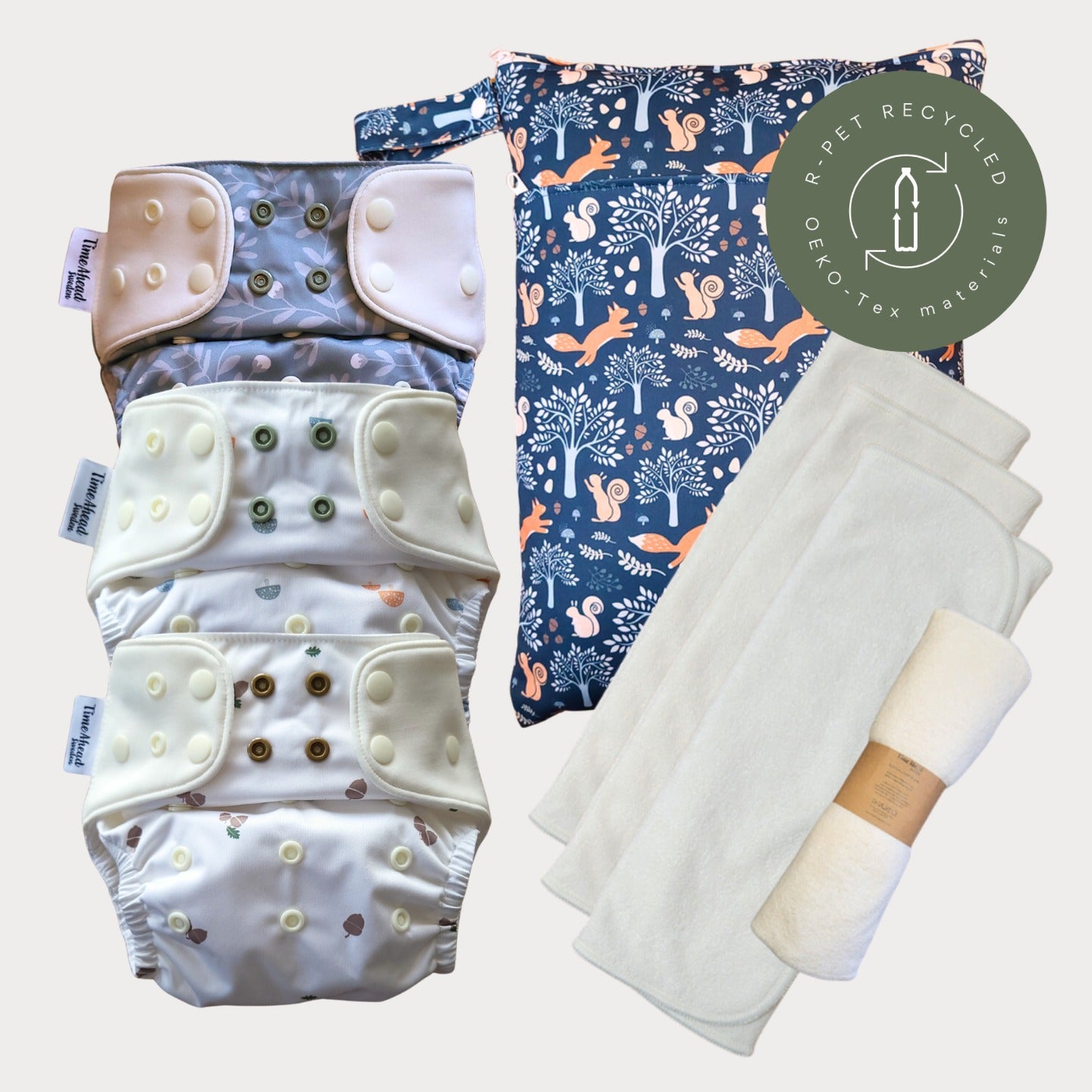 Startpaket Komfort Pocketblöja med tillbehör – Humleblomster blå, Skogssvamp och Ekollon med wetbag Dalaräv