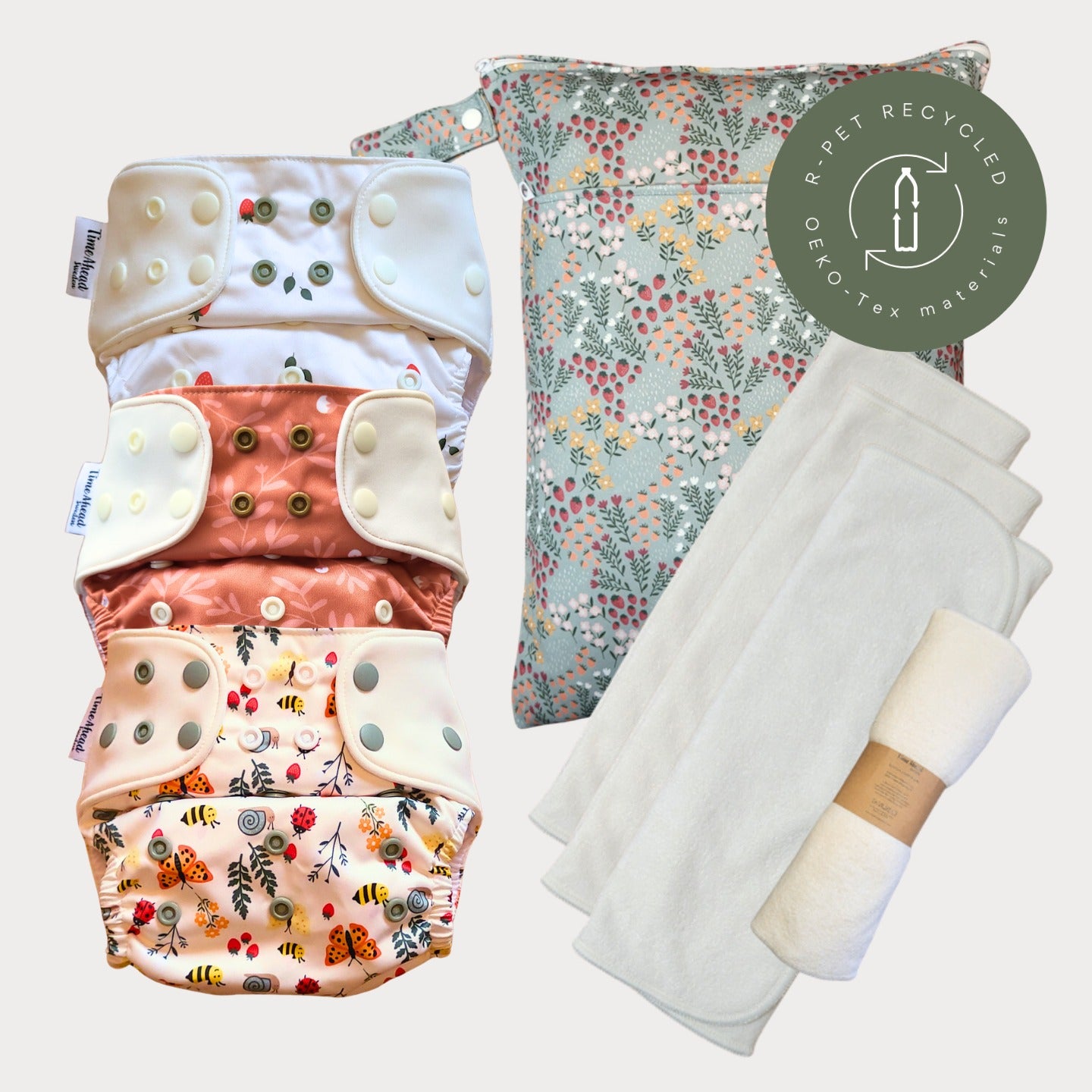 Startpaket Komfort Pocketblöja med tillbehör – Smultron, Humleblomster koppar och Ängsving med wetbag Dalablomster