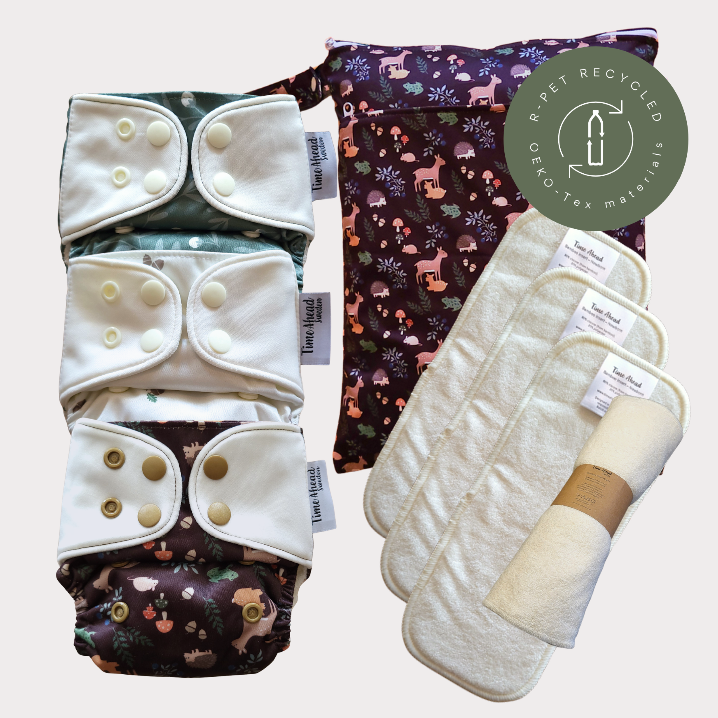 Startpaket Nyfödd med tillbehör – Humleblomster grön, Ekollon och Skogsvrå med wetbag Skogsvrå