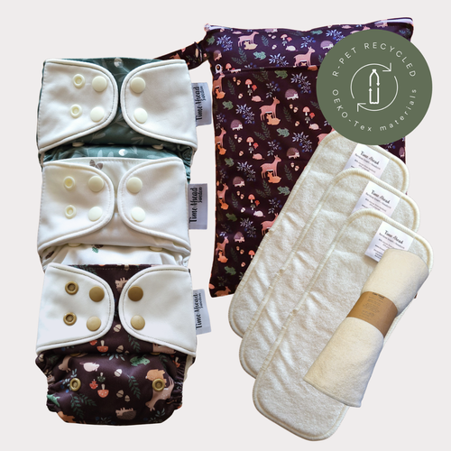 Startpaket Nyfödd med tillbehör – Humleblomster grön, Ekollon och Skogsvrå med wetbag Skogsvrå