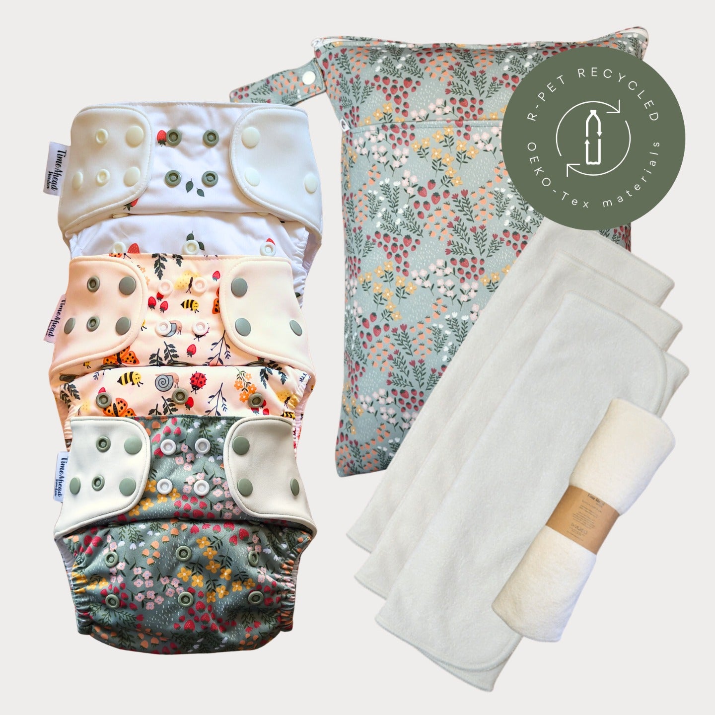 Startpaket Komfort Pocketblöja med tillbehör – Smultron, Ängsving och Dalablomster med wetbag Dalablomster