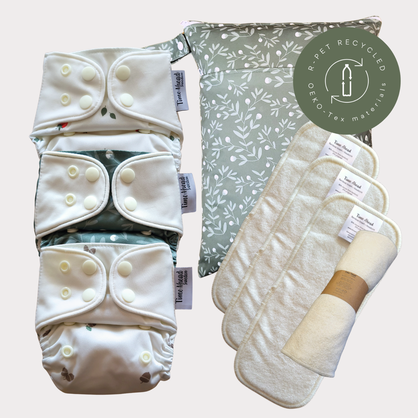 Startpaket Nyfödd med tillbehör – Smultron, Humleblomster grön och Ekollon med wetbag Humleblomster grön