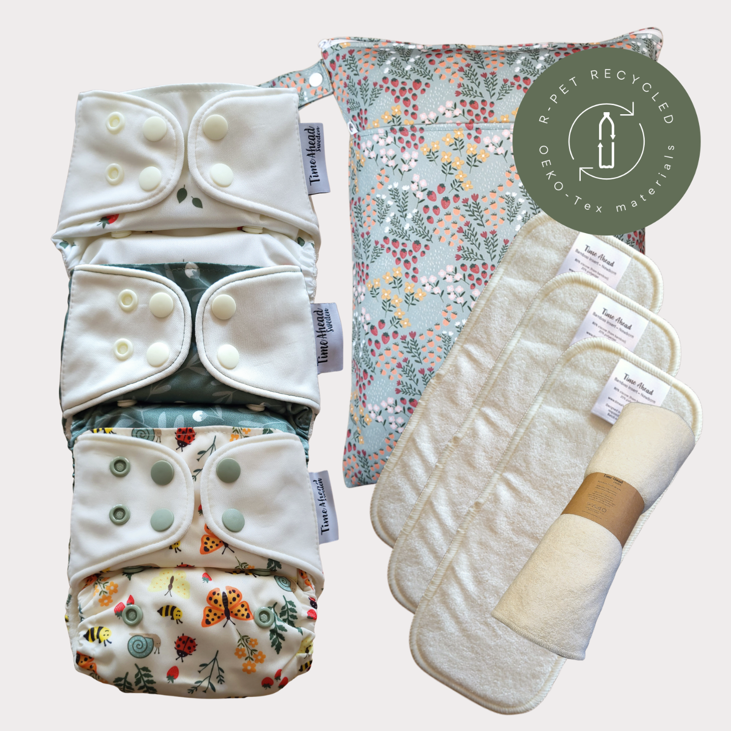 Startpaket Nyfödd med tillbehör – Smultron, Humleblomster grön och Ängsving med wetbag Dalablomster