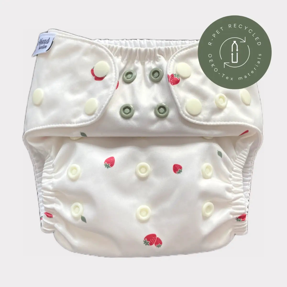 Vit tygblöja med jordgubb- och bladtryck, med tryckknäppningar.