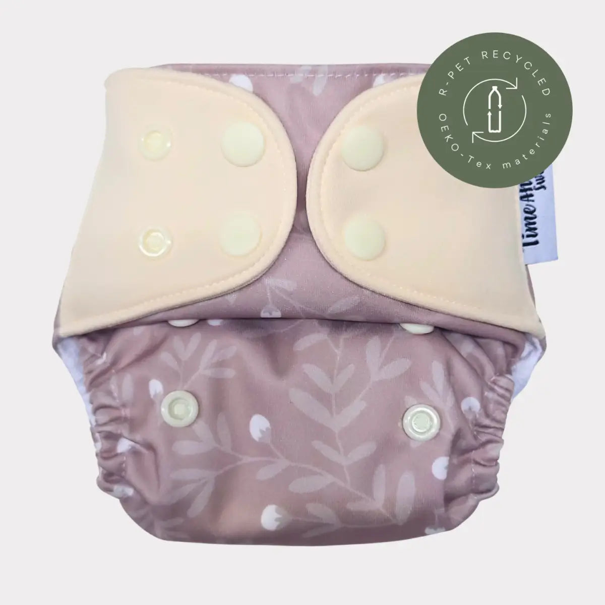 Tygblöja Nyfödd allt-i-ett 2–6 kg i mönstret Humleblomster beige, tidigare utförande.