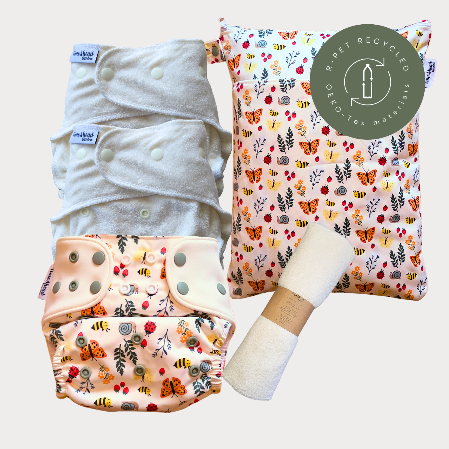Startpaket nattblöja Ängsving med tillbehör: 2 nattblöjor, blöjskal 5–17 kg, wetbag Ängsving + tvättlappar, r-PET, OEKO-Tex.