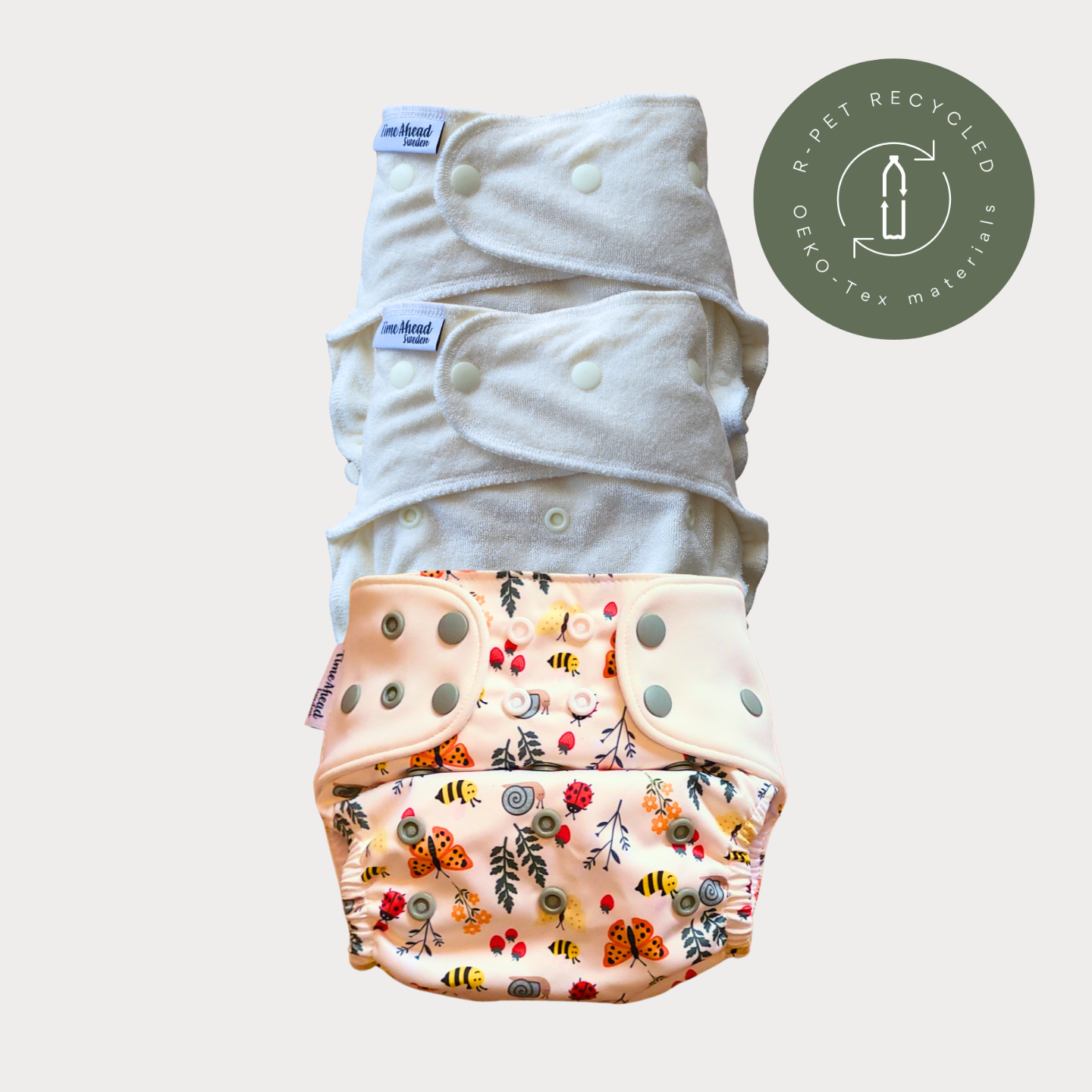 Startpaket nattblöja Ängsving: 2 nattblöjor i bambufrotté + blöjskal 5–17 kg, återvunnet r-PET, OEKO-Tex.
