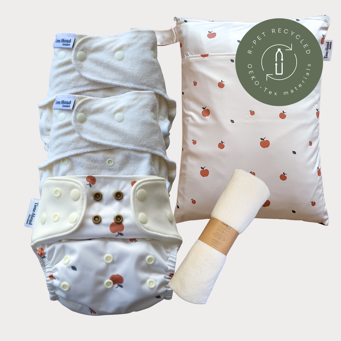 Startpaket nattblöja Äpple med tillbehör: 2 nattblöjor, blöjskal 5–17 kg, wetbag Äpple + tvättlappar, r-PET, OEKO-Tex.