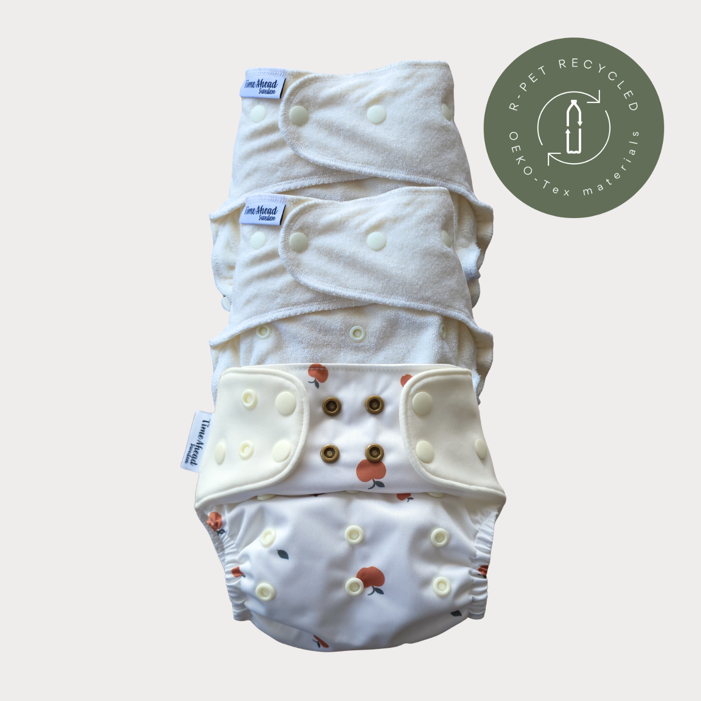 Startpaket nattblöja Äpple: 2 nattblöjor i bambufrotté + blöjskal 5–17 kg, återvunnet r-PET, OEKO-Tex.