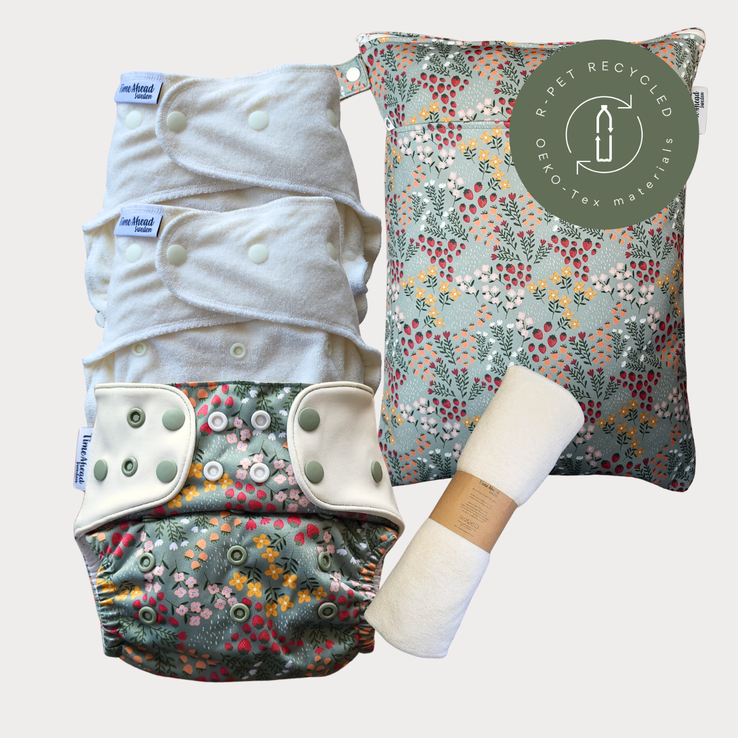 Startpaket nattblöja Dalablomster med tillbehör: 2 nattblöjor, blöjskal 5–17 kg, wetbag Dalablomster + tvättlappar, r-PET, OEKO-Tex.