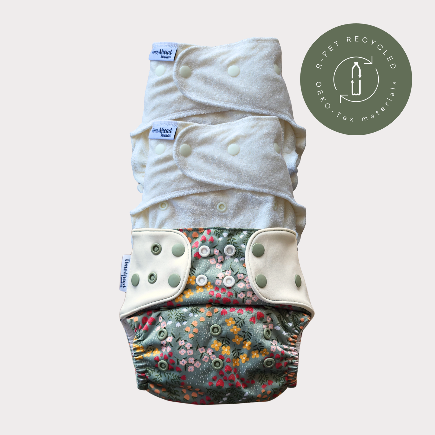 Startpaket nattblöja Dalablomster: 2 nattblöjor i bambufrotté + blöjskal 5–17 kg, återvunnet r-PET, OEKO-Tex.