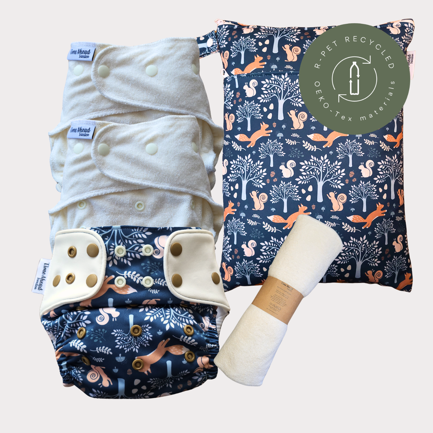 Startpaket nattblöja Dalaräv med tillbehör: 2 nattblöjor, blöjskal 5–17 kg, wetbag Dalaräv + tvättlappar, r-PET, OEKO-Tex.