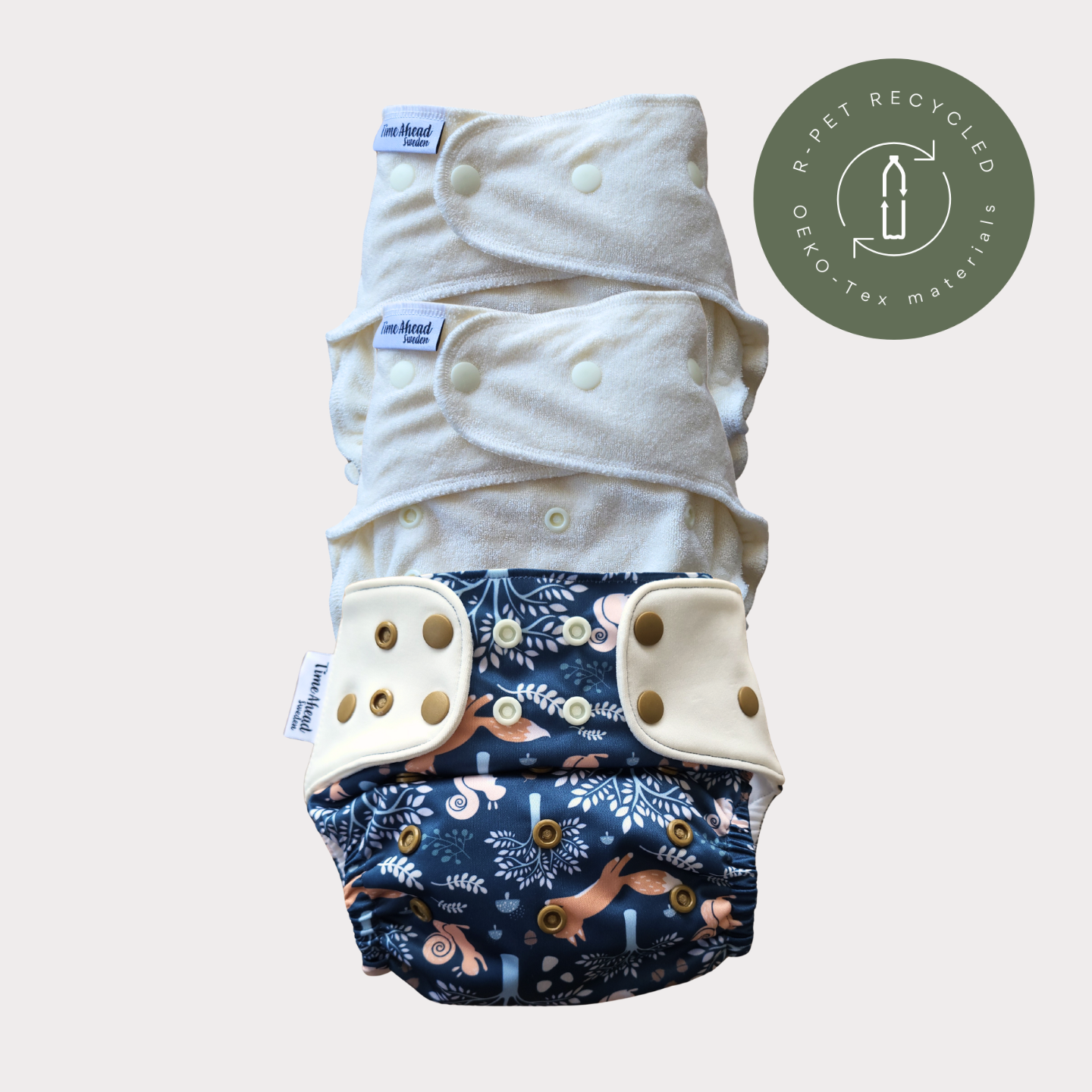 Startpaket nattblöja Dalaräv: 2 nattblöjor i bambufrotté + blöjskal 5–17 kg, återvunnet r-PET, OEKO-Tex.