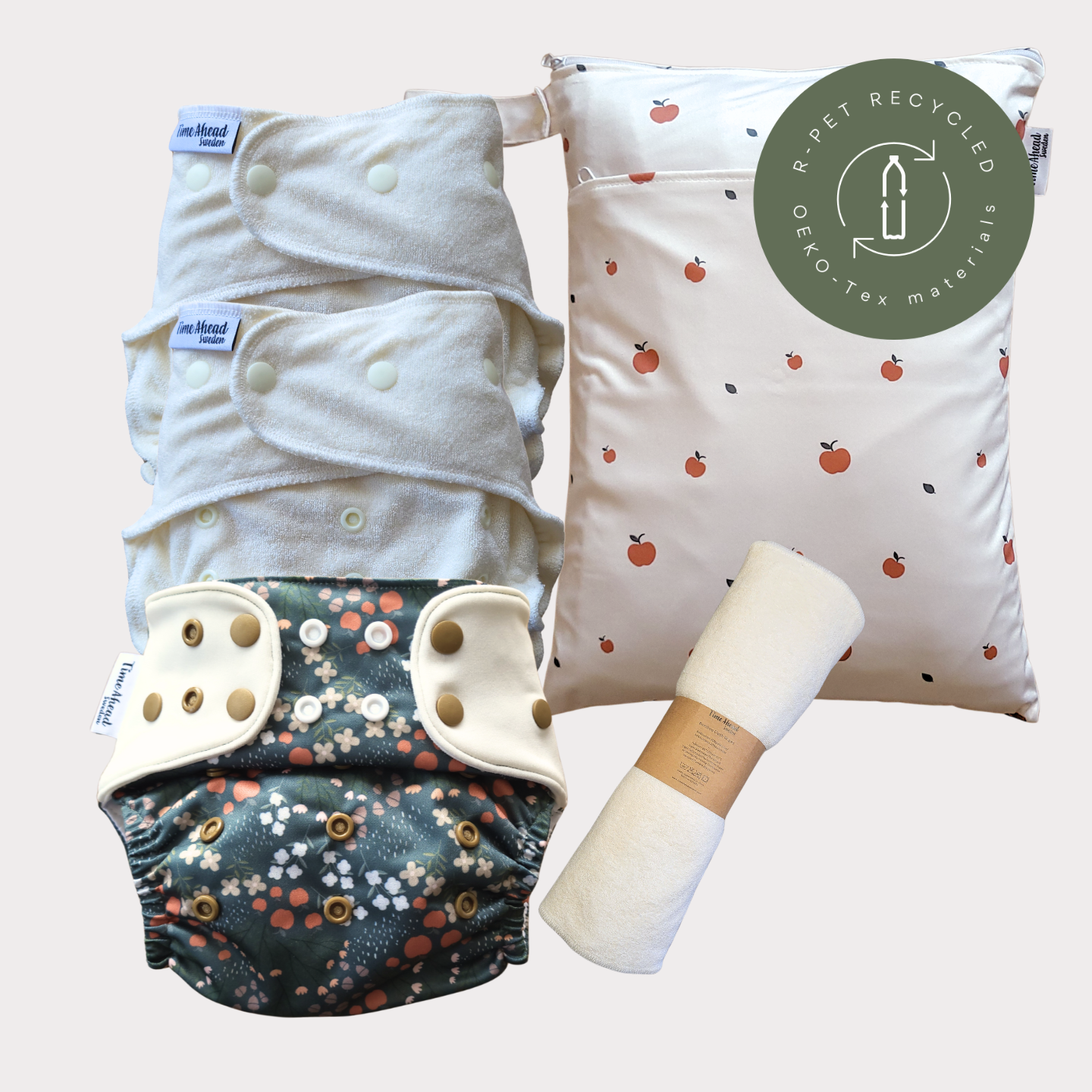 Startpaket nattblöja Dalaskog med tillbehör: 2 nattblöjor, blöjskal 5–17 kg, wetbag Äpple + tvättlappar, r-PET, OEKO-Tex.