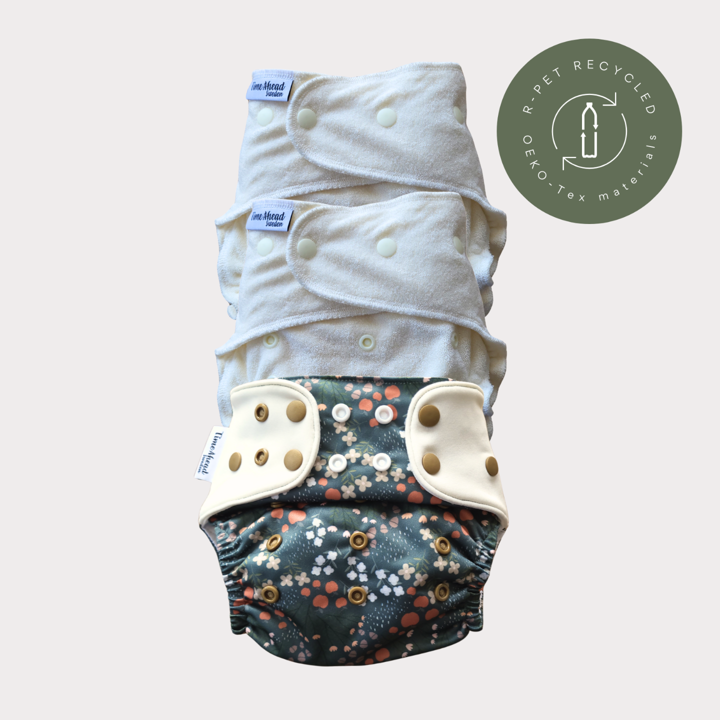 Startpaket nattblöja Dalaskog: 2 nattblöjor i bambufrotté + blöjskal 5–17 kg, återvunnet r-PET, OEKO-Tex.