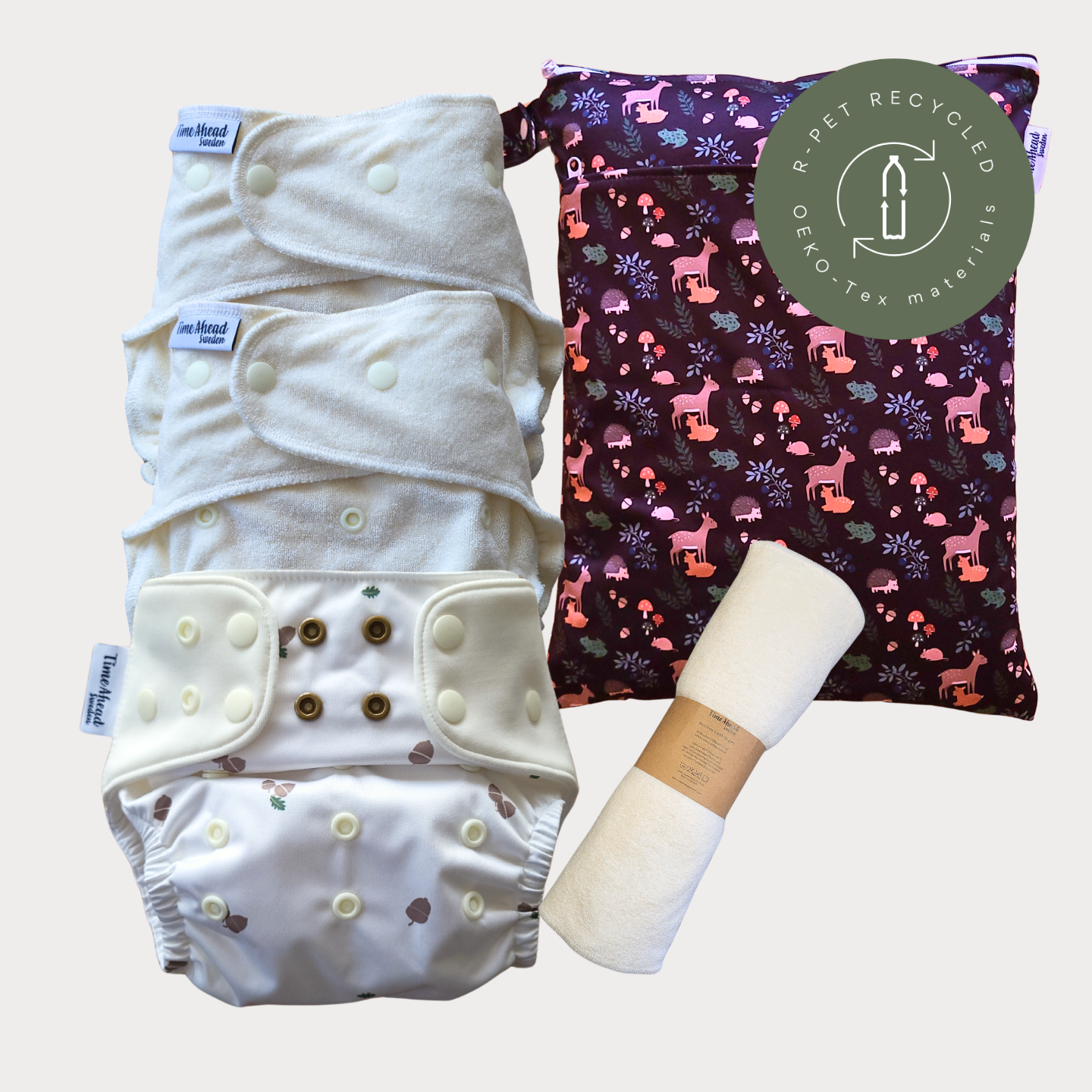 Startpaket nattblöja Ekollon med tillbehör: 2 nattblöjor, blöjskal 5–17 kg, wetbag Skogsvrå + tvättlappar, r-PET, OEKO-Tex.
