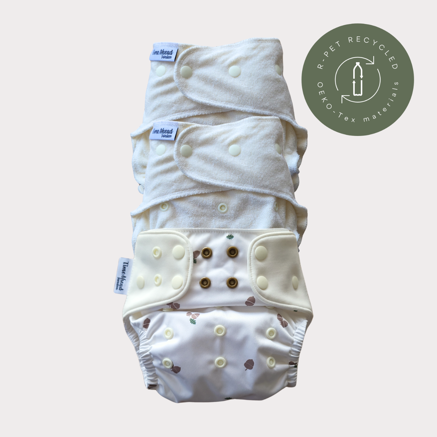 Startpaket nattblöja Ekollon: 2 nattblöjor i bambufrotté + blöjskal 5–17 kg, återvunnet r-PET, OEKO-Tex.