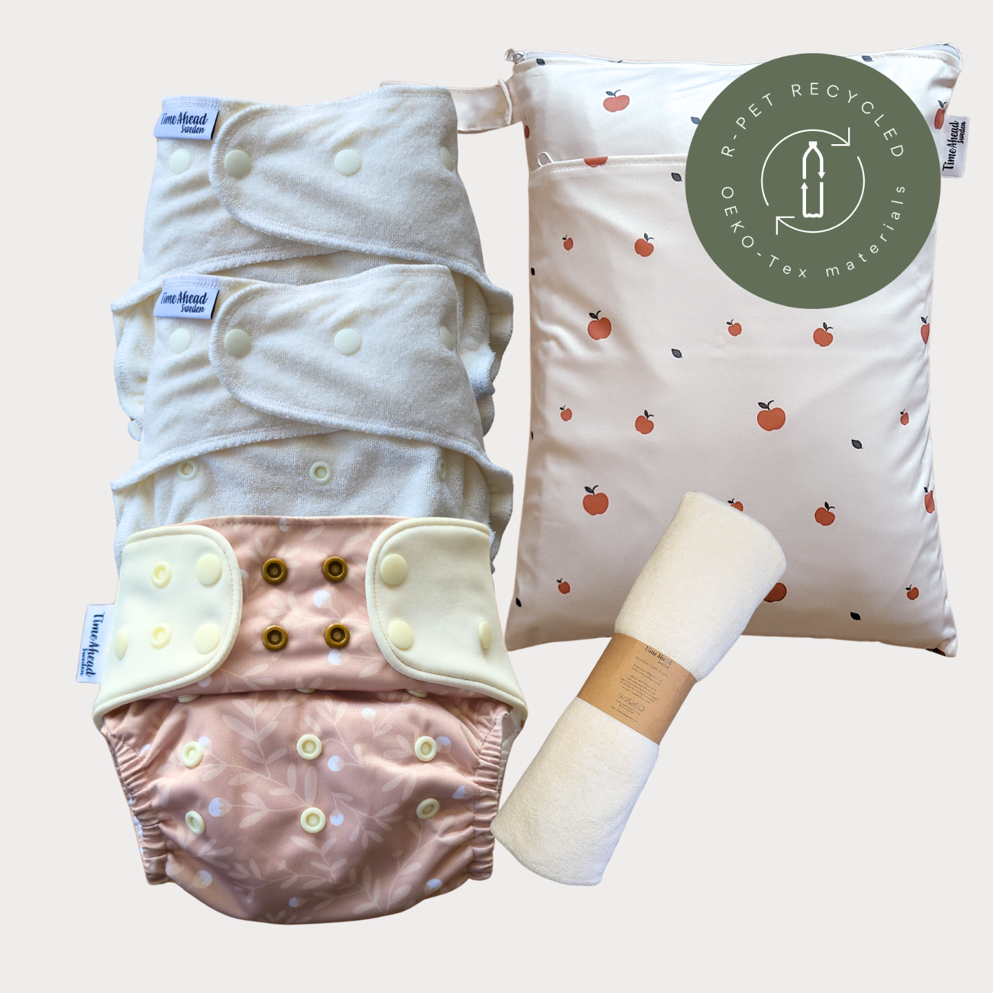 Startpaket nattblöja Humleblomster beige med tillbehör: 2 nattblöjor, blöjskal 5–17 kg, wetbag Äpple + tvättlappar, r-PET, OEKO-Tex.