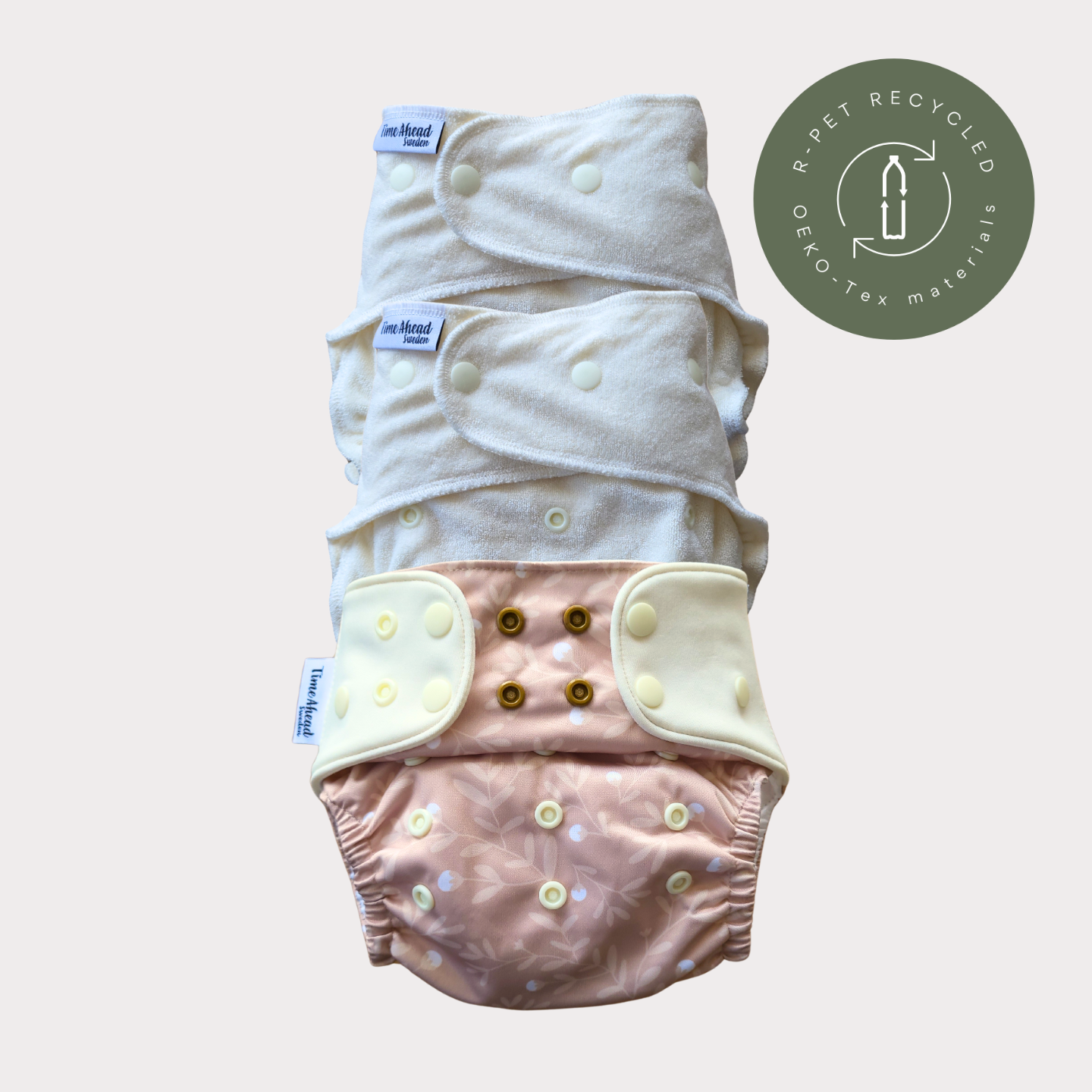 Startpaket nattblöja Humleblomster beige: 2 nattblöjor i bambufrotté + blöjskal 5–17 kg, återvunnet r-PET, OEKO-Tex.