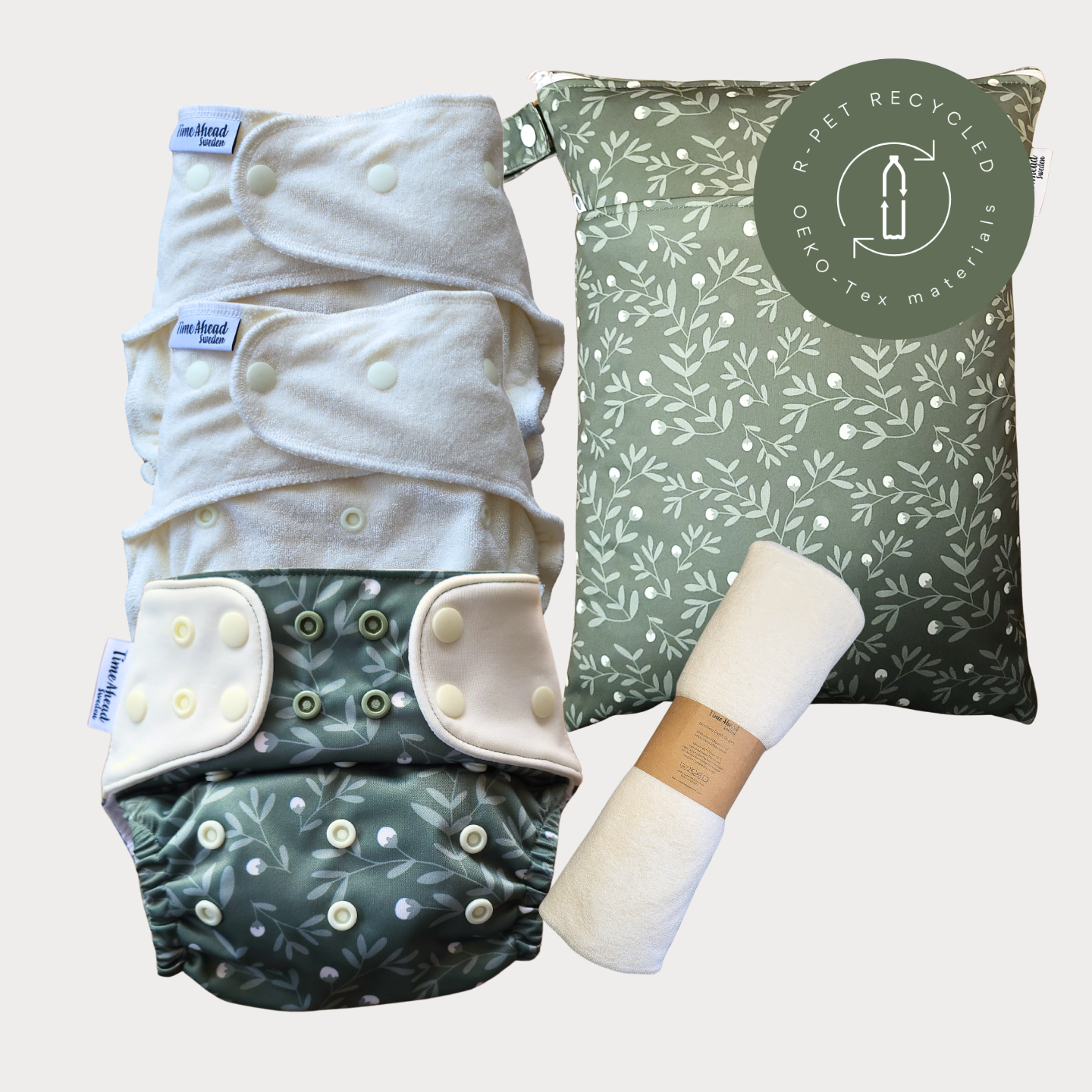 Startpaket nattblöja Humleblomster grön med tillbehör: 2 nattblöjor, blöjskal 5–17 kg, wetbag Humleblomster grön + tvättlappar, r-PET, OEKO-Tex.
