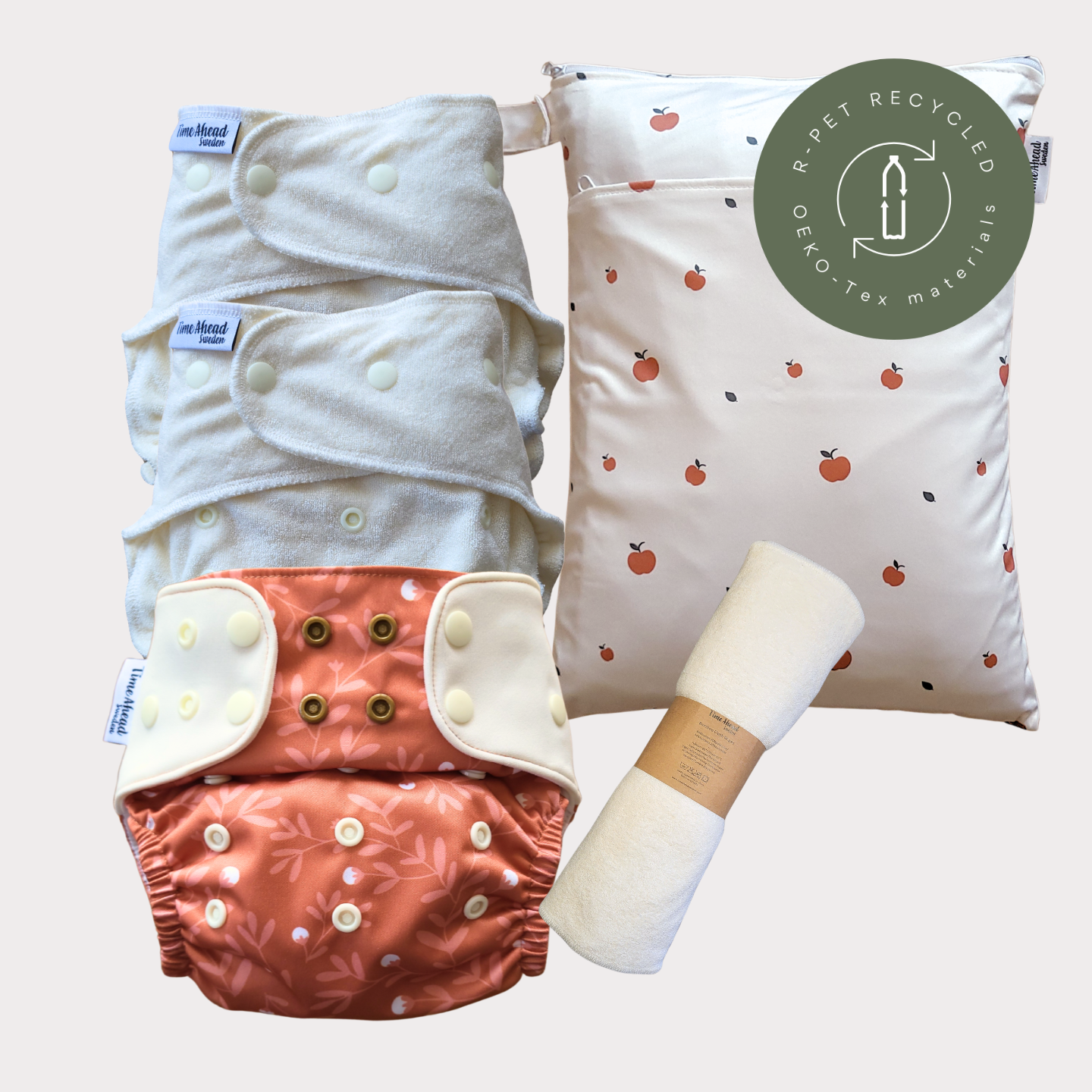 Startpaket nattblöja Humleblomster koppar med tillbehör: 2 nattblöjor, blöjskal 5–17 kg, wetbag Äpple + tvättlappar, r-PET, OEKO-Tex.