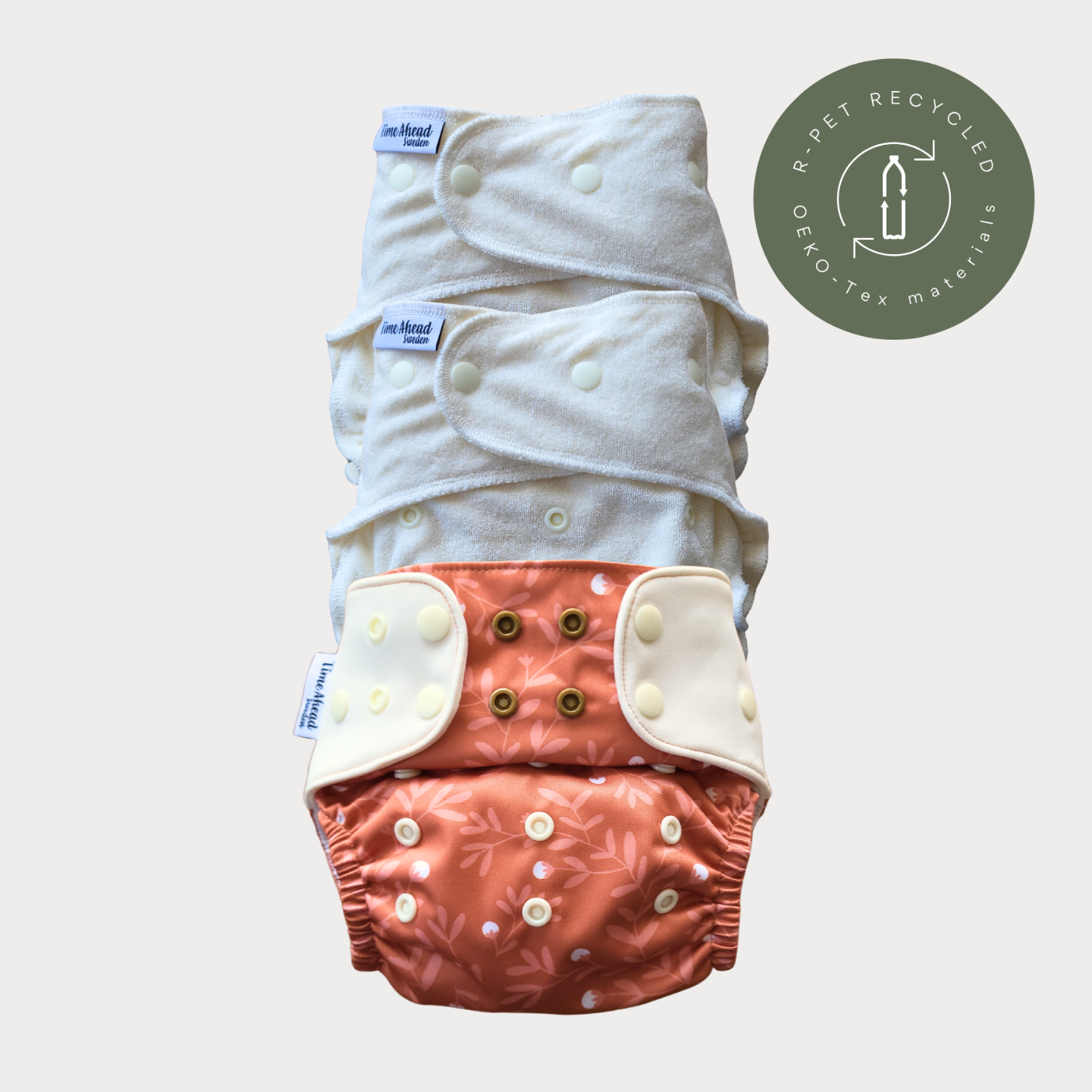 Startpaket nattblöja Humleblomster koppar: 2 nattblöjor i bambufrotté + blöjskal 5–17 kg, återvunnet r-PET, OEKO-Tex.