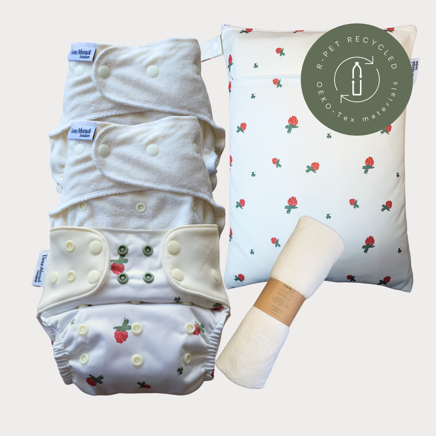 Startpaket nattblöja Klöverblom med tillbehör: 2 nattblöjor, blöjskal 5–17 kg, wetbag Klöverblom + tvättlappar, r-PET, OEKO-Tex.
