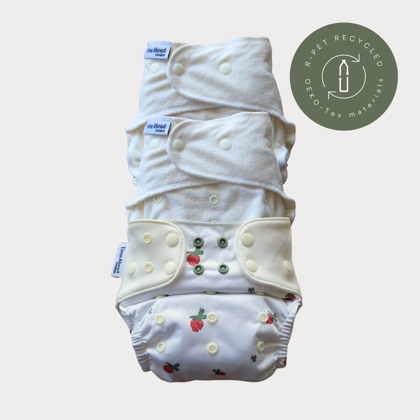 Startpaket nattblöja Klöverblom: 2 nattblöjor i bambufrotté + blöjskal 5–17 kg, återvunnet r-PET, OEKO-Tex.