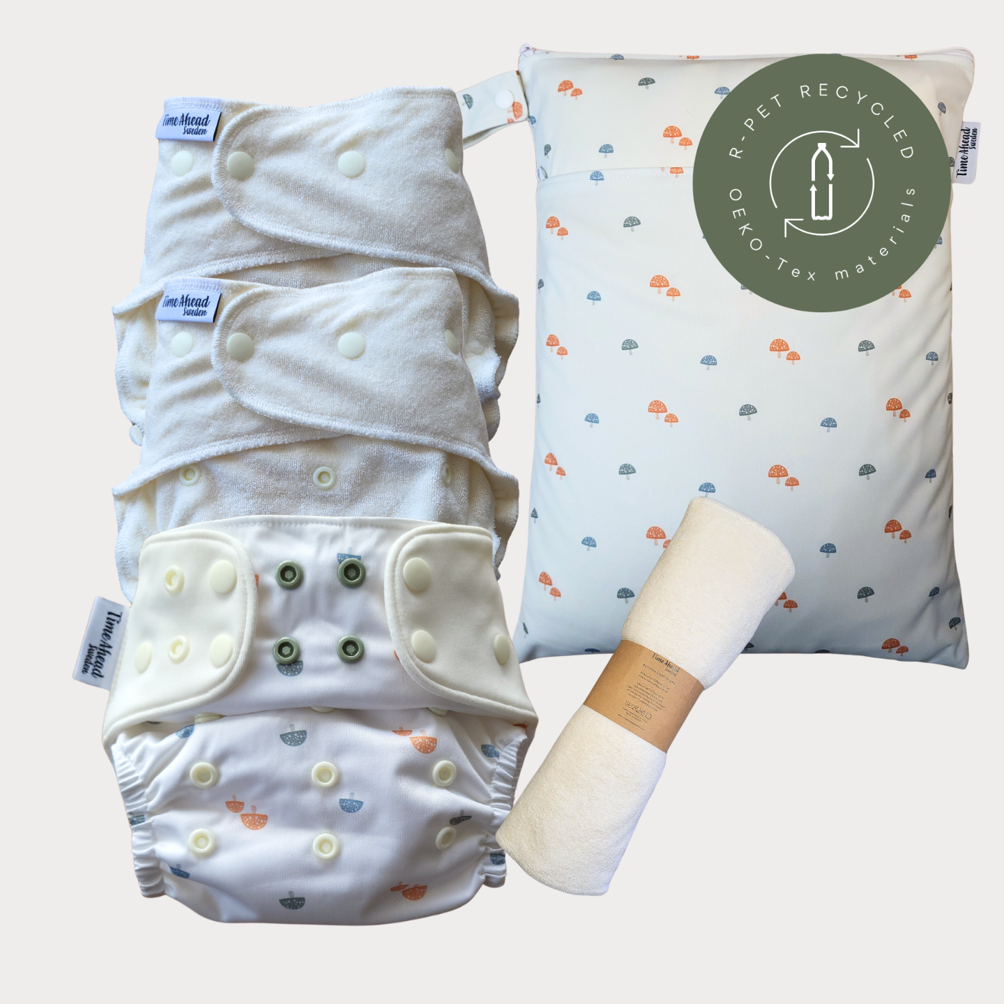 Startpaket nattblöja Skogssvamp med tillbehör: 2 nattblöjor, blöjskal 5–17 kg, wetbag Skogssvamp + tvättlappar, r-PET, OEKO-Tex.