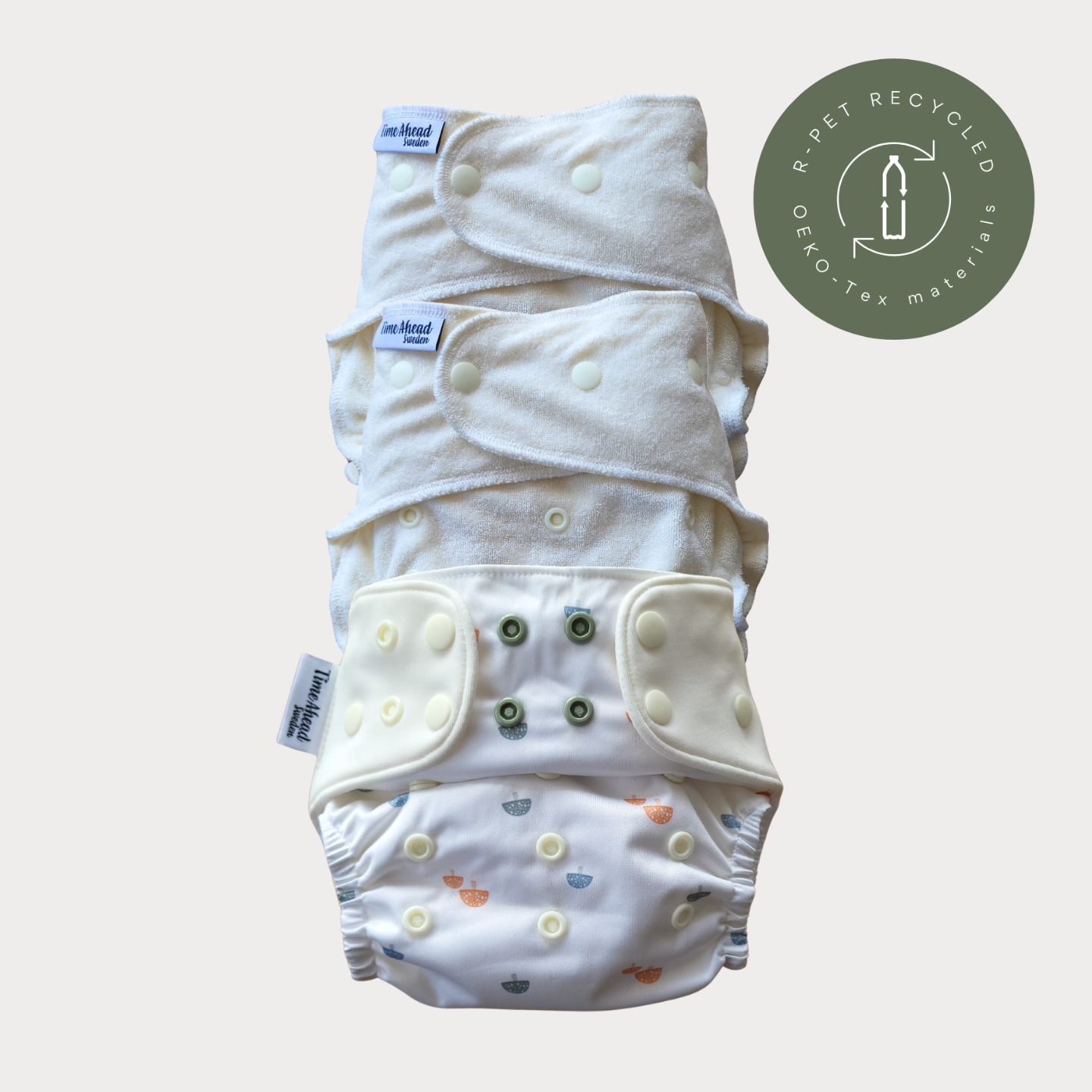 Startpaket nattblöja Skogssvamp: 2 nattblöjor i bambufrotté + blöjskal 5–17 kg, återvunnet r-PET, OEKO-Tex.