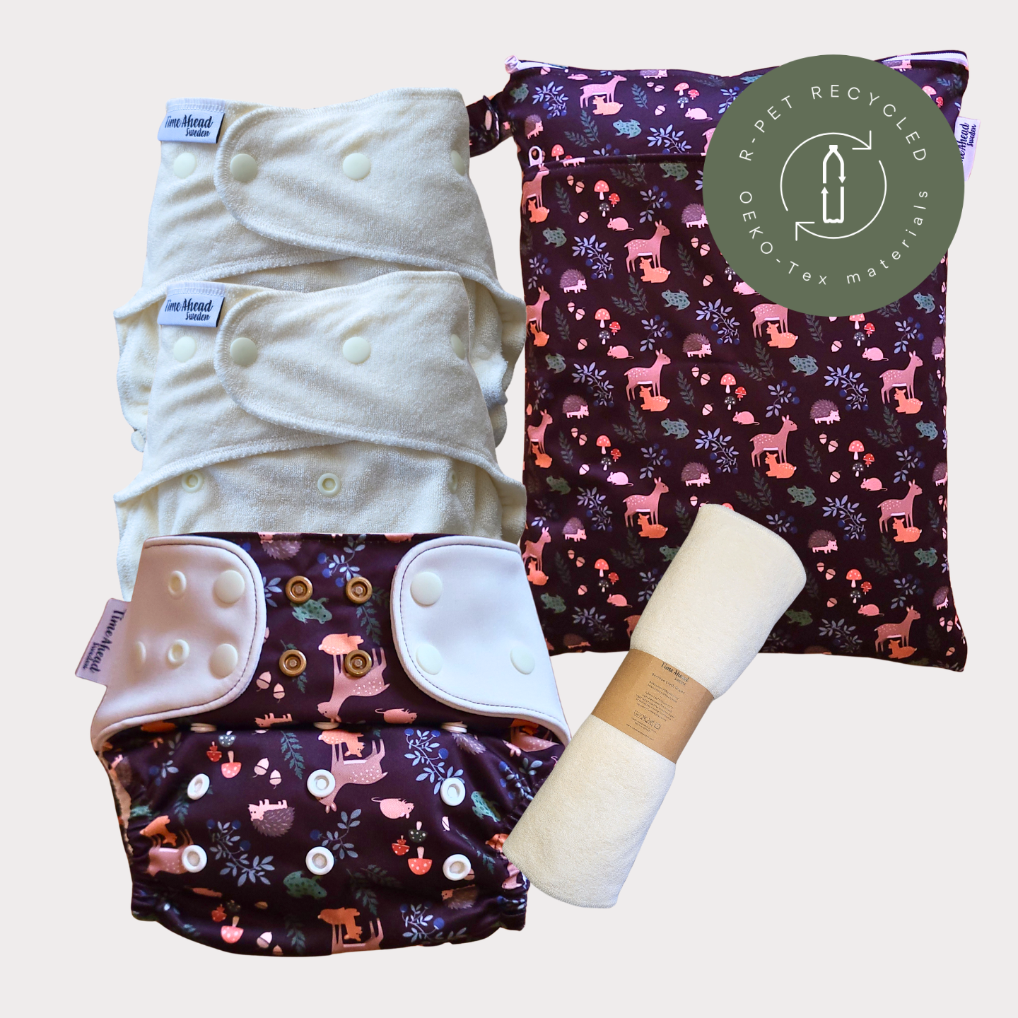 Startpaket nattblöja Skogsvrå med tillbehör: 2 nattblöjor, blöjskal 5–17 kg, wetbag Skogsvrå + tvättlappar, r-PET, OEKO-Tex.