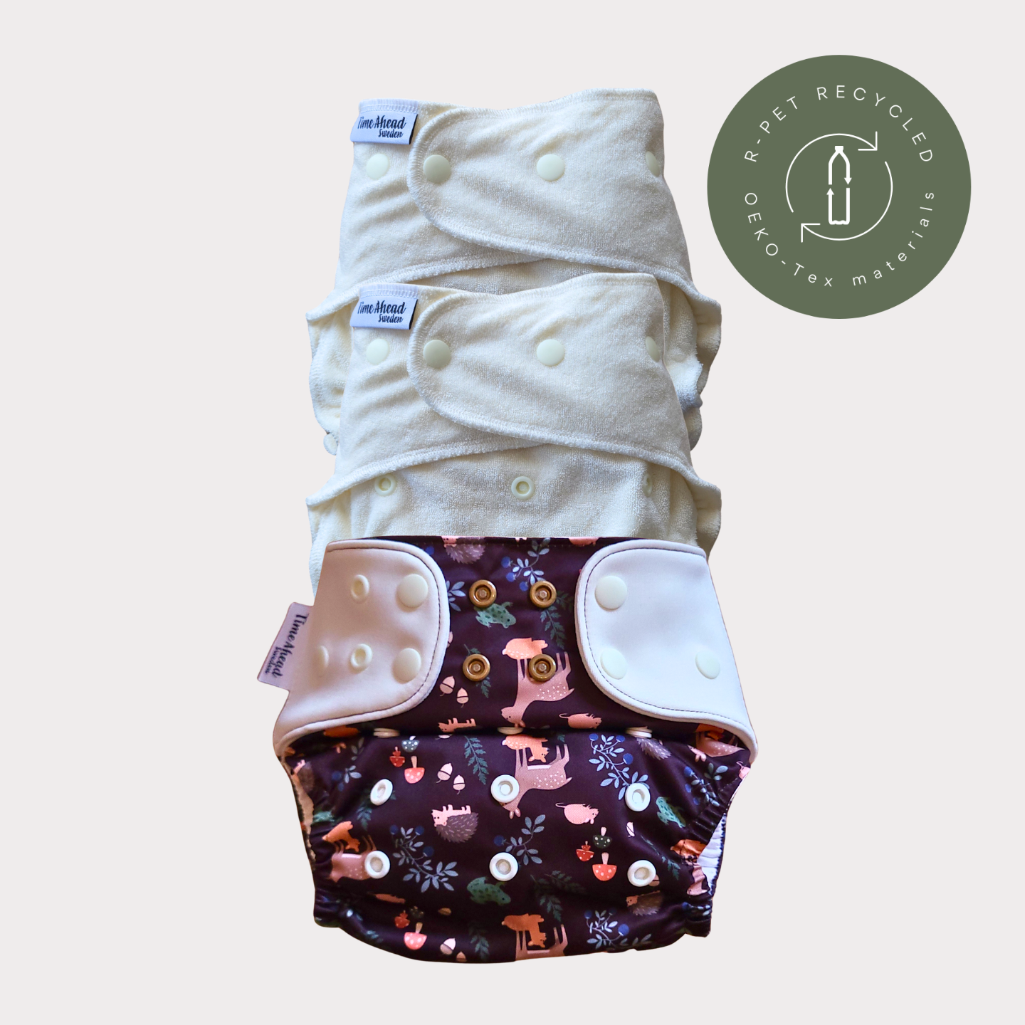 Startpaket nattblöja Skogsvrå: 2 nattblöjor i bambufrotté + blöjskal 5–17 kg, återvunnet r-PET, OEKO-Tex.