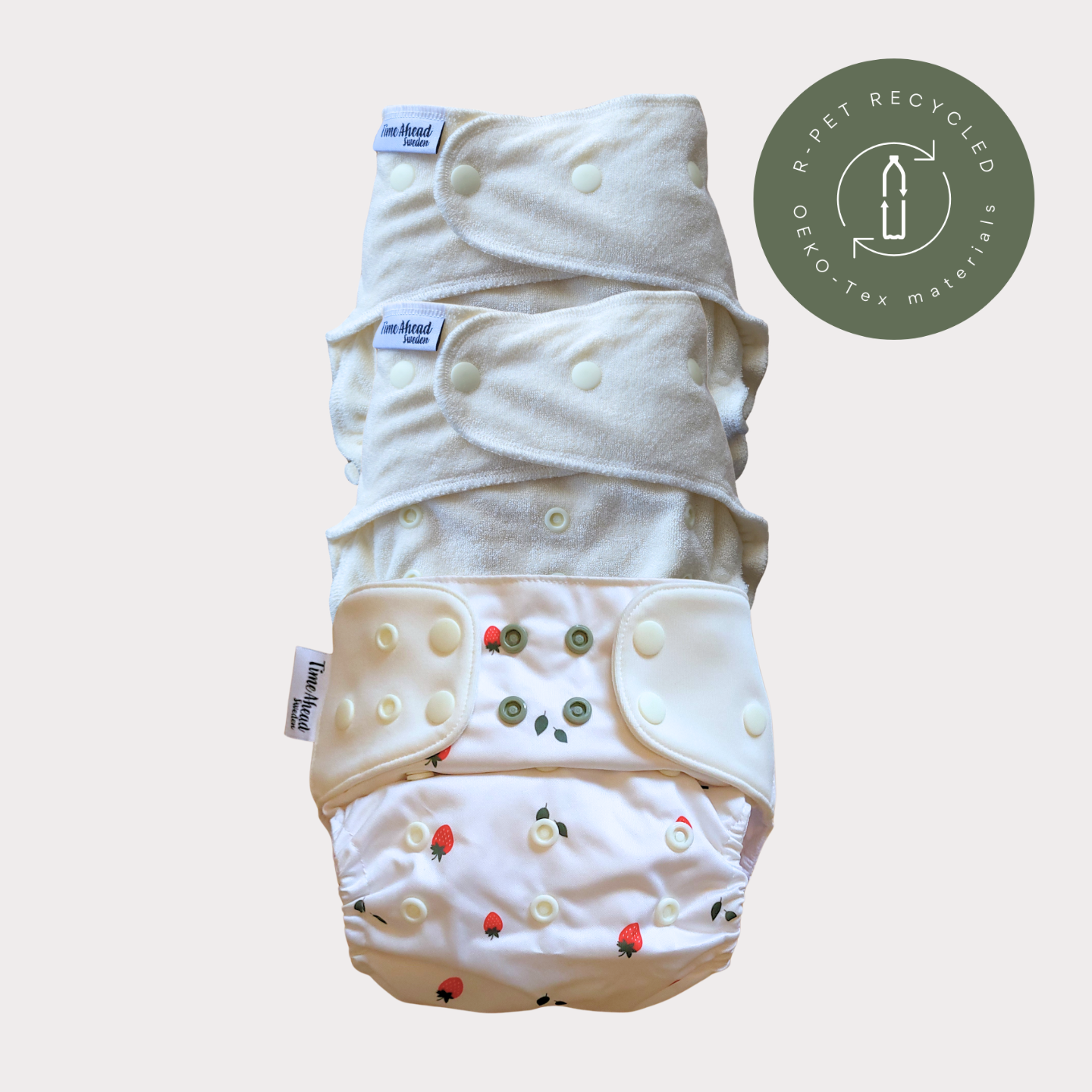 Startpaket nattblöja Smultron: 2 nattblöjor i bambufrotté + blöjskal 5–17 kg, återvunnet r-PET, OEKO-Tex.
