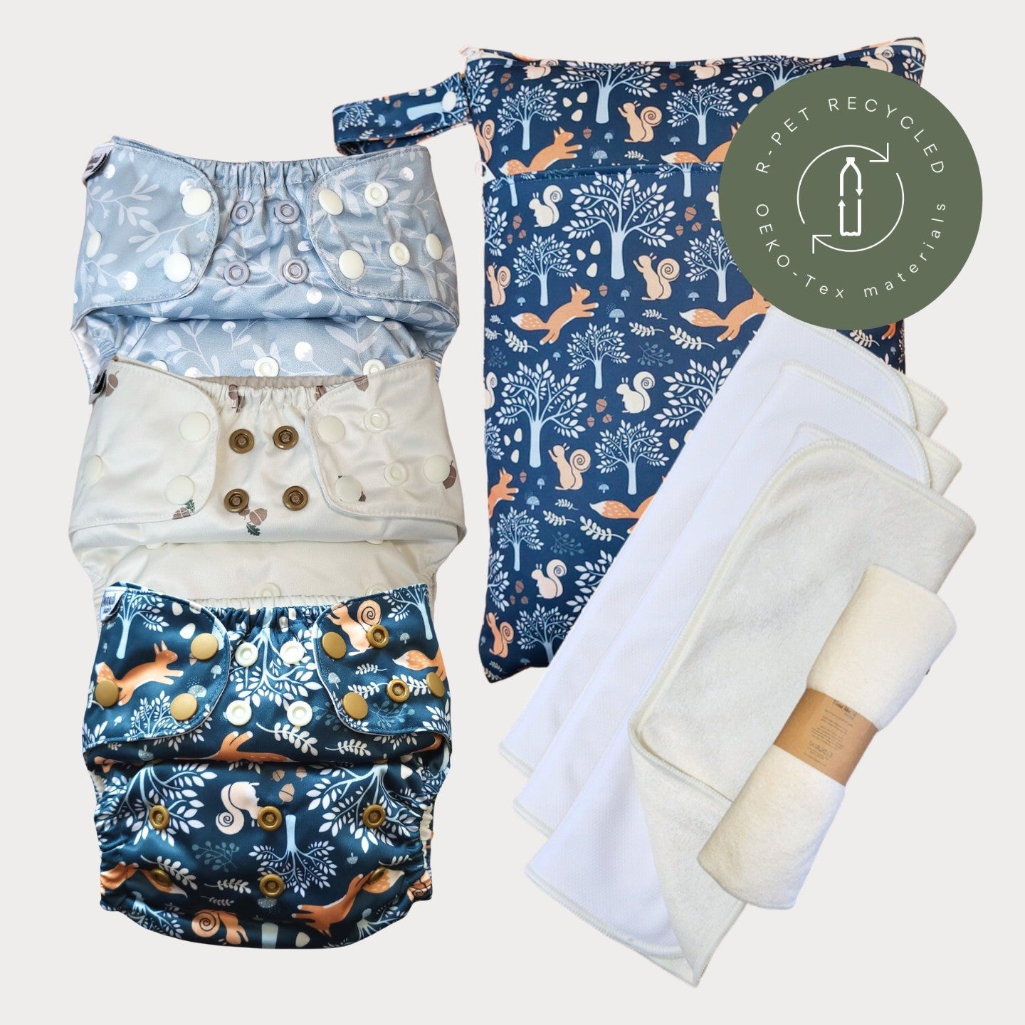 Startpaket Slim med tillbehör – Humleblomster blå, Ekollon och Dalaräv med wetbag Dalaräv