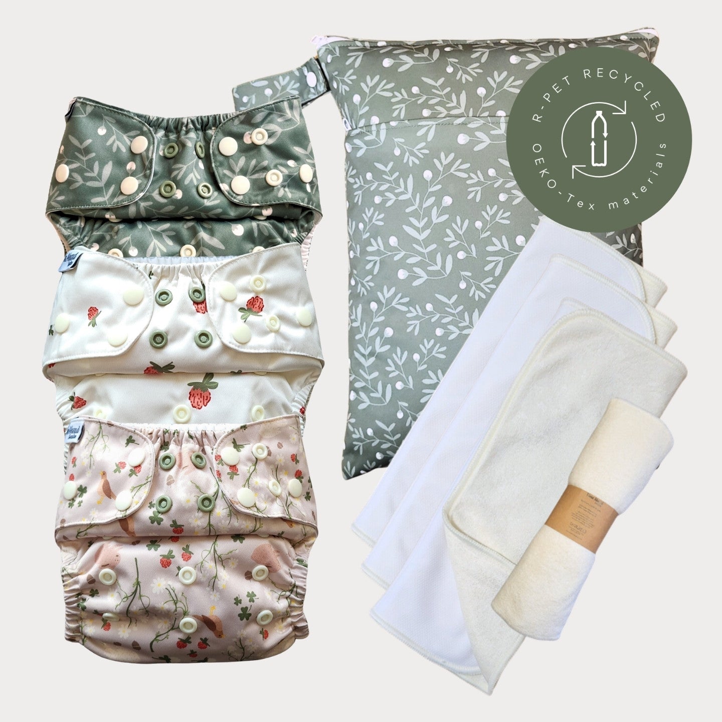 Startpaket Slim med tillbehör – Humleblomster grön, Klöverblom och Dalahare med wetbag Humleblomster grön