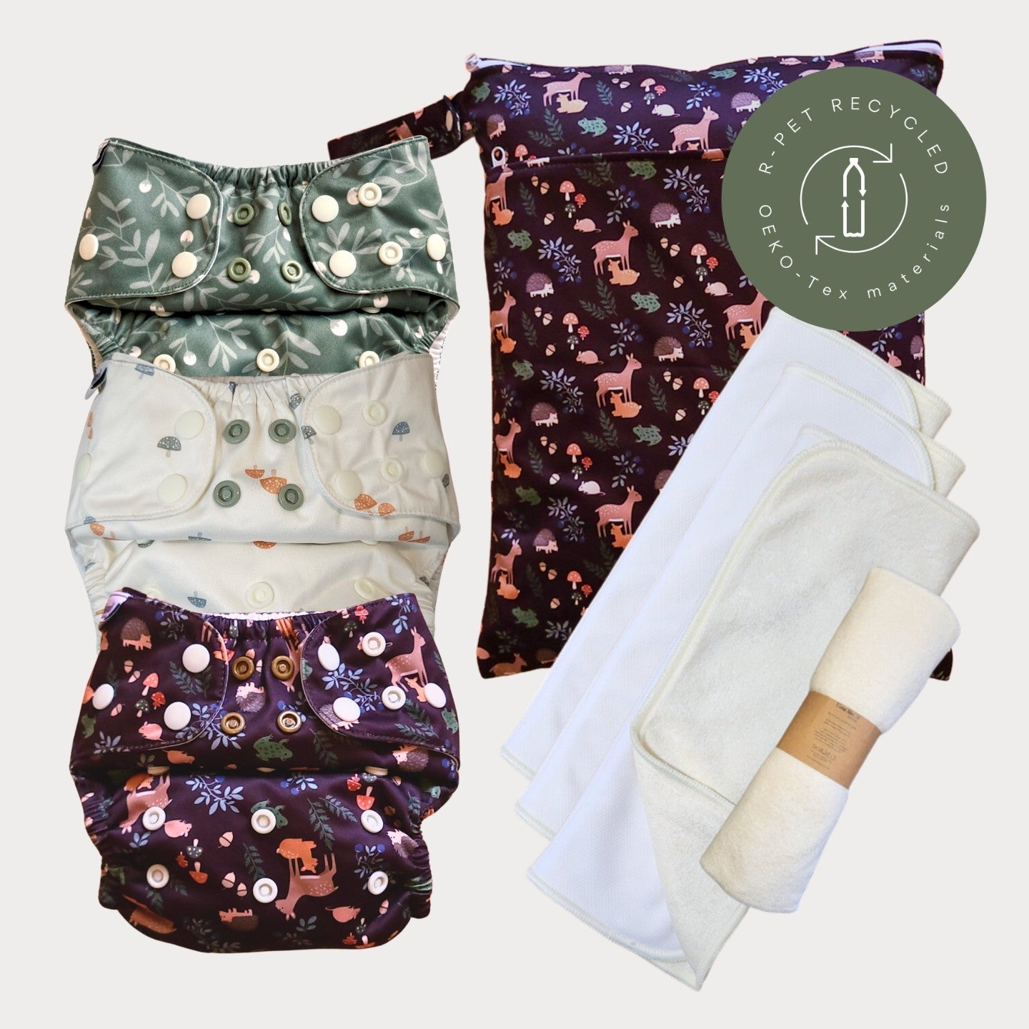 Startpaket Slim med tillbehör – Humleblomster grön, Skogssvamp och Skogsvrå med wetbag Skogsvrå