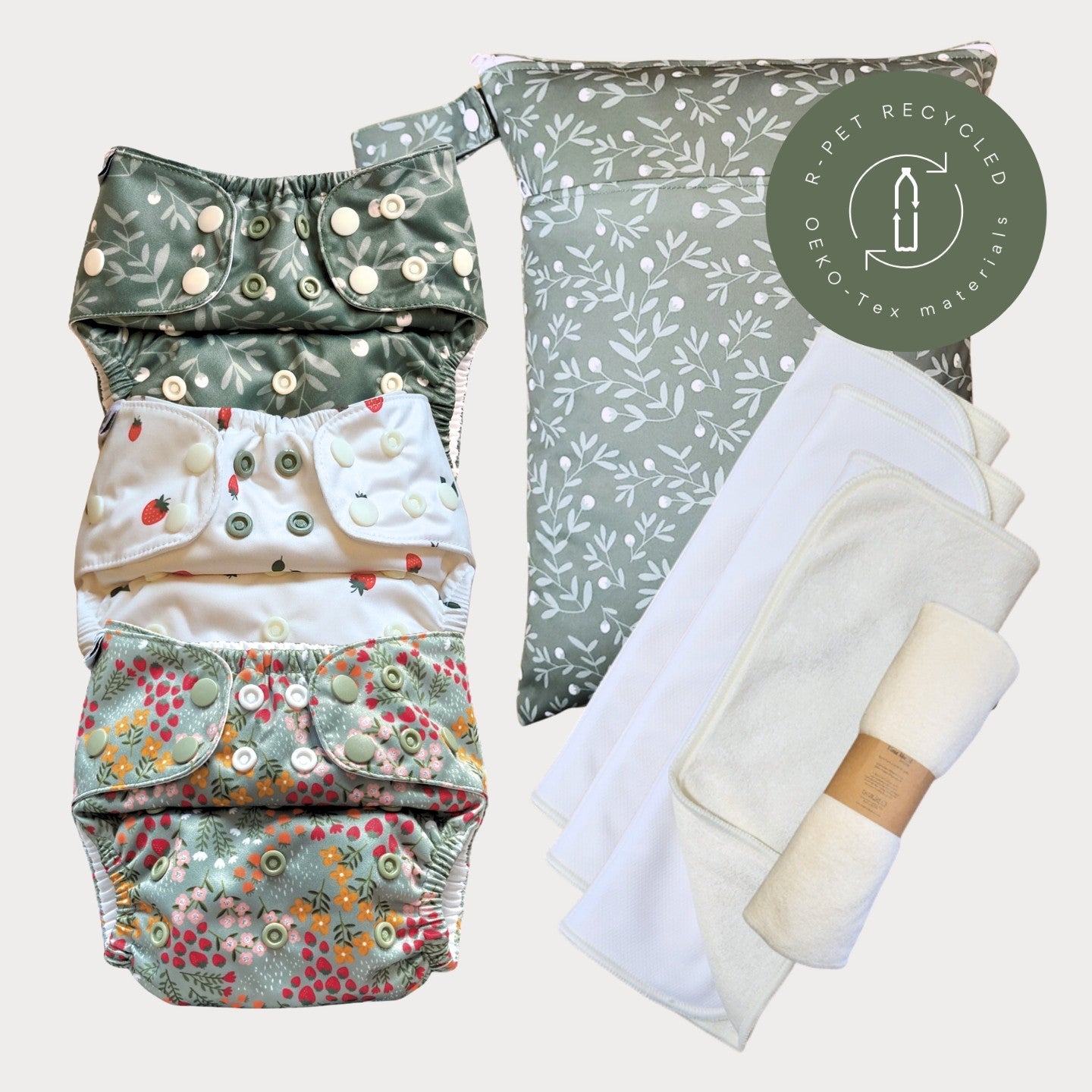 Startpaket Slim med tillbehör – Humleblomster grön, Smultron och Dalablomster med wetbag Humleblomster grön