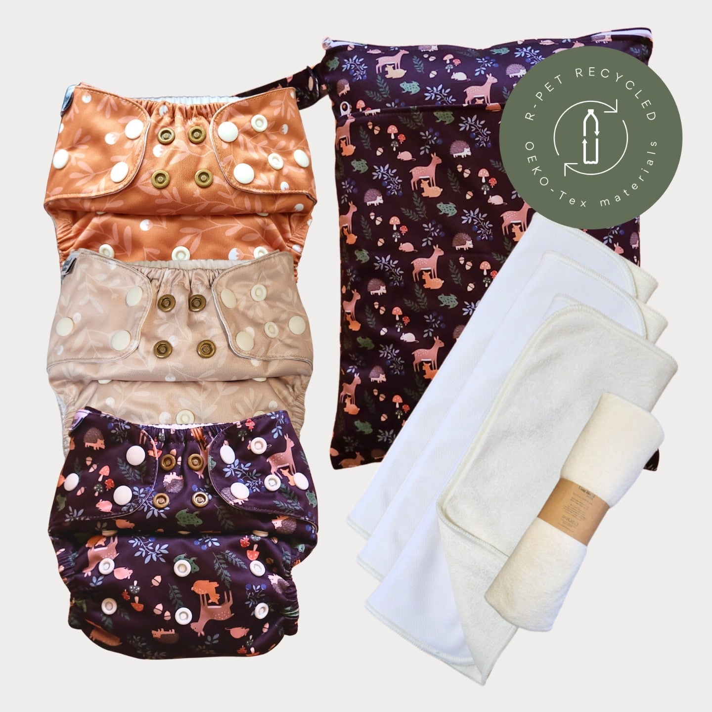 Startpaket Slim med tillbehör – Humleblomster koppar, Humleblomster beige och Skogsvrå med wetbag Skogsvrå