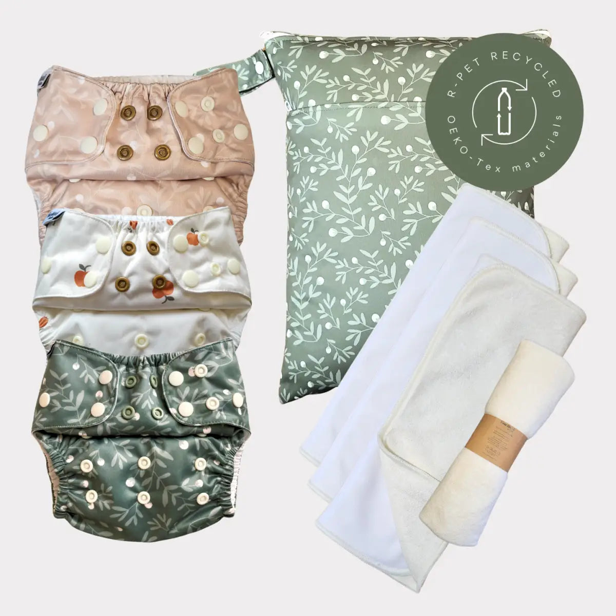 Startpaket slim med tre återanvändbara blöjskal i mjuk bambufrotté och för barnets hud i pastell och grönt