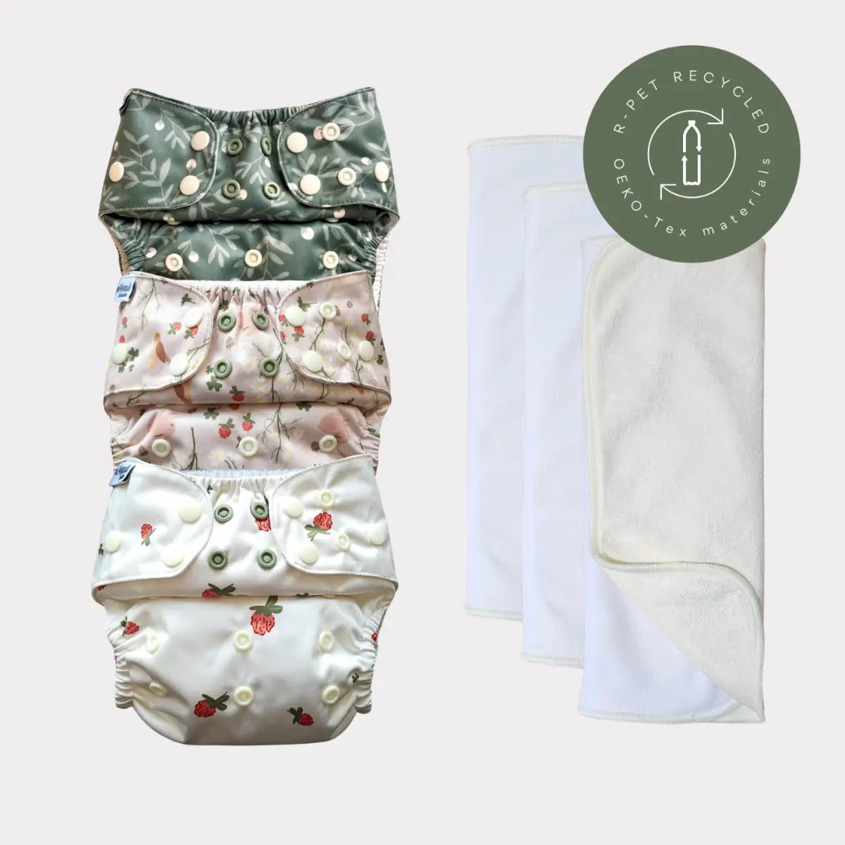 Startpaket slim med mjuka blöjskal i pastell med blomstersmönster och knappstängning för barnets hud i återvunnet material